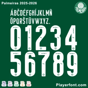 Palmeiras 2025-2026 official jersey font display poster, including number and letter examples