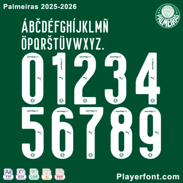 Palmeiras 2025-2026 official jersey font display poster, including number and letter examples